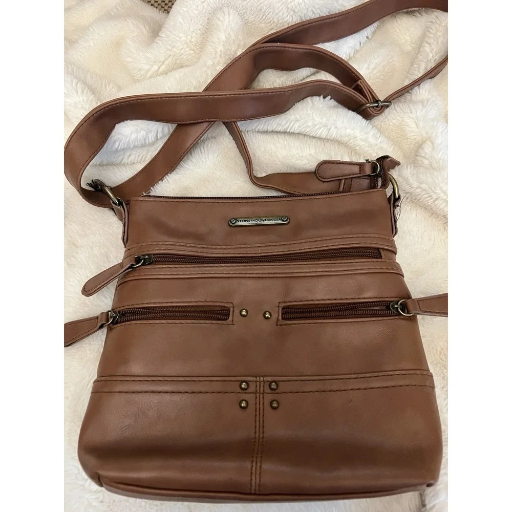Stone Mountain Bonded Talia Leather Crossbody Purse Brown Multi Pocket Bag Zip